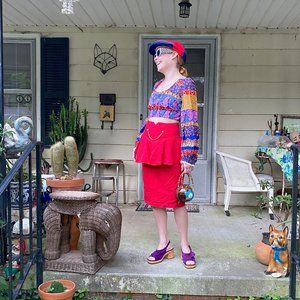Vintage 1980s Red Cotton High Waist Skirt with Ruffle Detail and Gold Chain